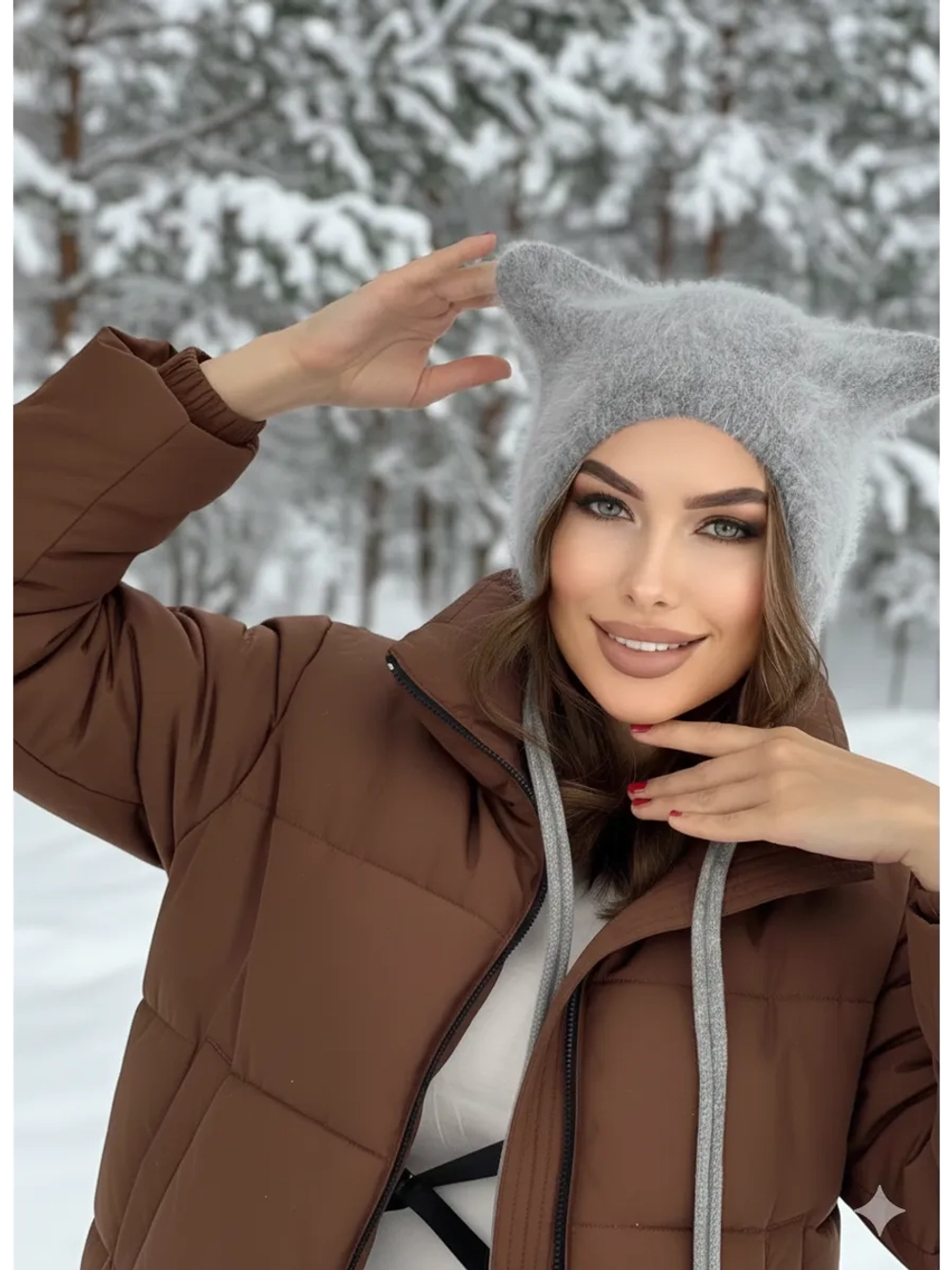 Шапка с ушками зимняя ангора вязаная