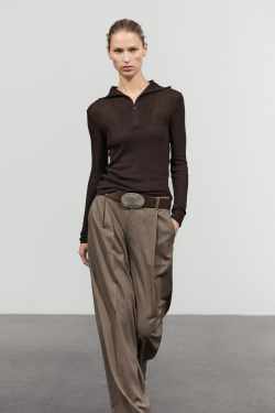 Massimo Dutti Футболка из смесового хлопка с воротником на молнии, кротово-коричневый