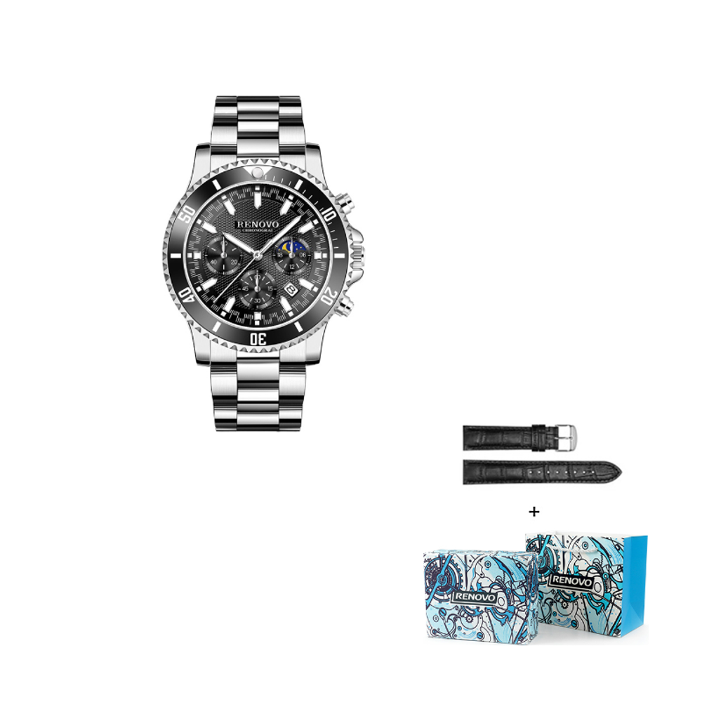 RENOVO Green Water God Quartz Movement Stainless Steel Watchband Watch Men"s Watches Black Dial