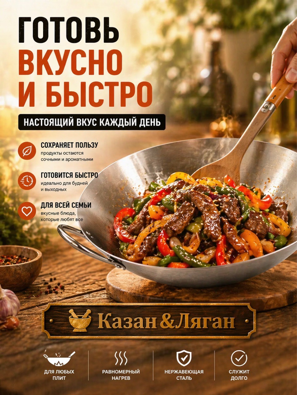 Вок нержавейка 34 см с деревянной ручкой