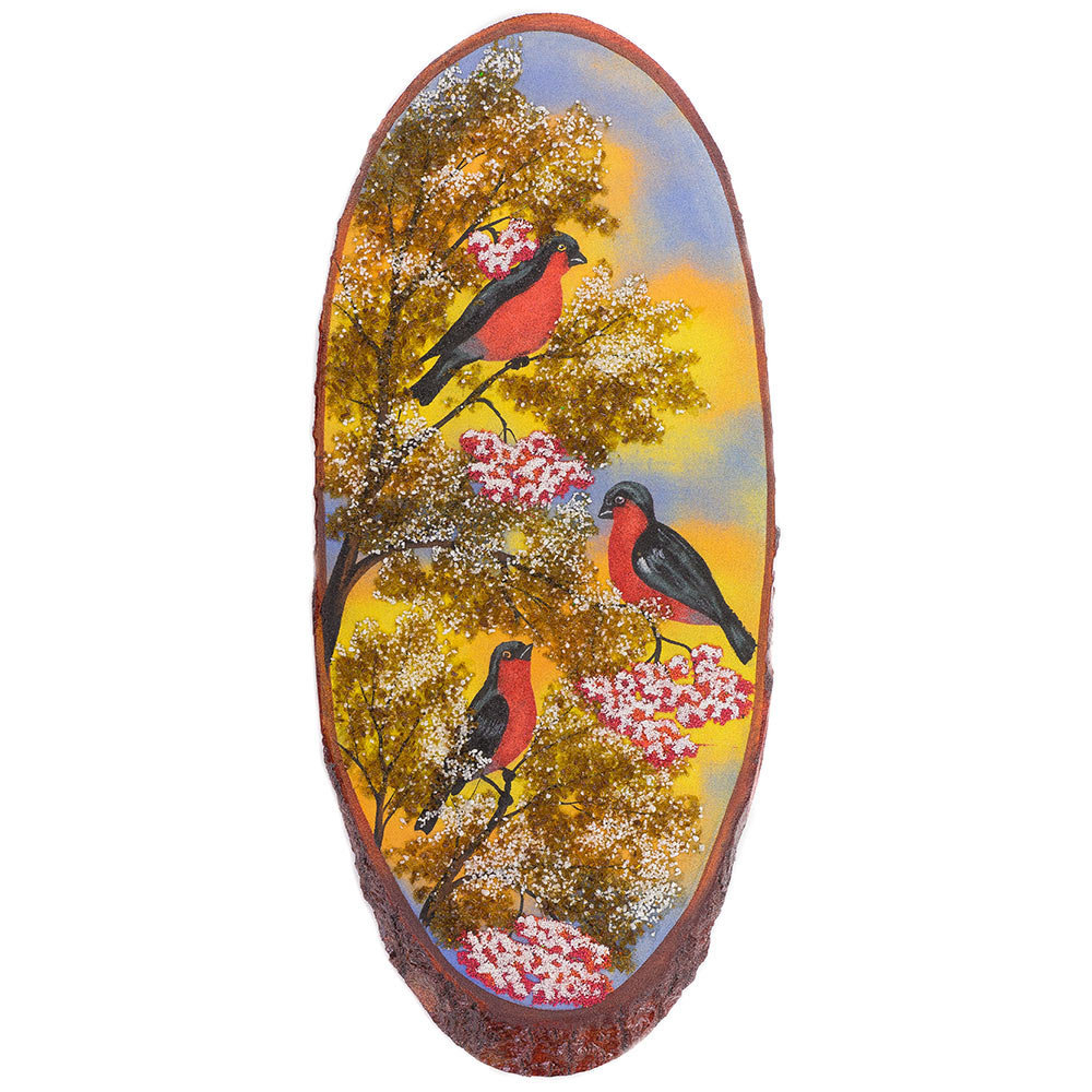 Картина на срезе дерева "Снегири" 65-70 см R120611