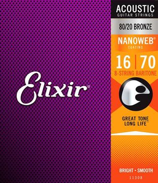 Струны для акустической 8-струнной баритон гитары, бронза 80/20, 16-70, Elixir 11308 NANOWEB