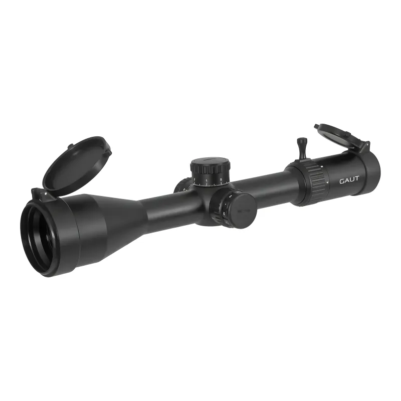 Прицел Gaut Azurite 4-16x50, сетка 35, FFP, 0.1 МIL - вид спереди в три четверти с открытыми крышками