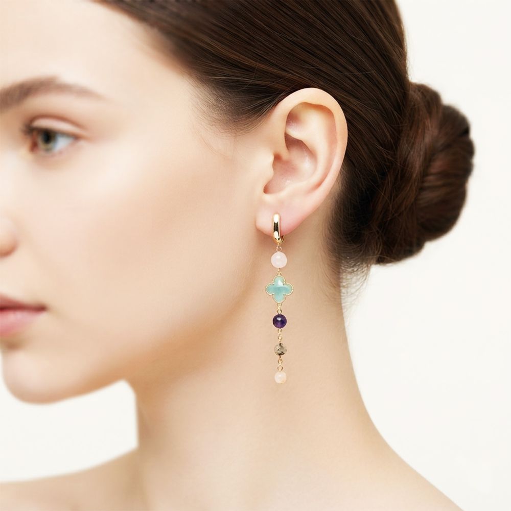 Серьги из аметиста, розового кварца и пренита