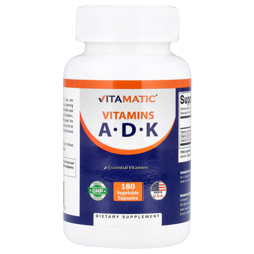 Vitamatic, витамины A, D, K, 180 растительных капсул