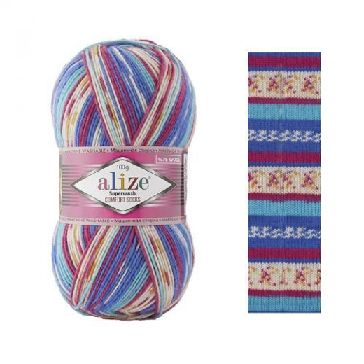 ALIZE "SUPERWASH COMFORT", 75% шерсть, 25% п/а, 100 гр, 420 м, Голубой/беж/малина