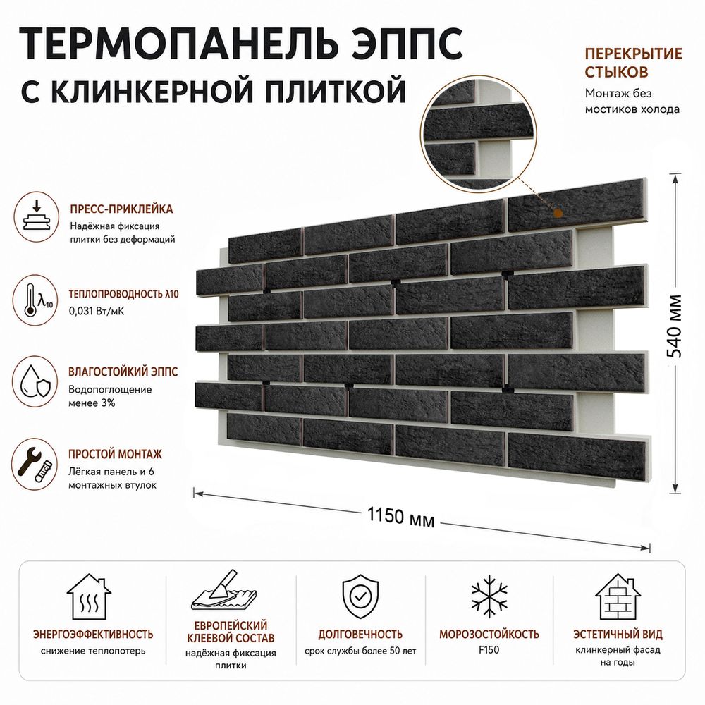 Клинкерная фасадная термопанель ЭППС Береза Керамика Стоун Графит 1150x540