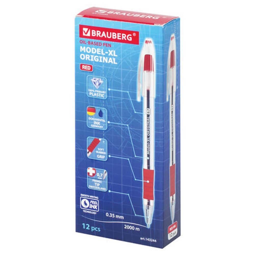 Ручка шариковая масляная с грипом BRAUBERG "Model-XL" ORIGINAL, КРАСНАЯ, узел 0,7 мм, линия письма 0,35 мм, 143244