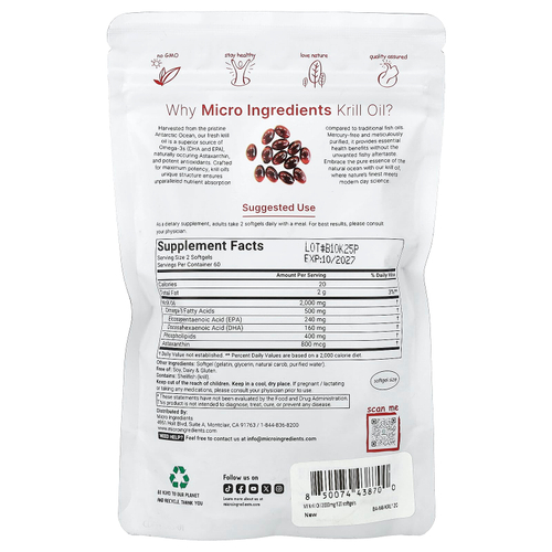 Micro Ingredients, масло антарктического криля, 120 капсул (1000 мг в 1 капсуле)