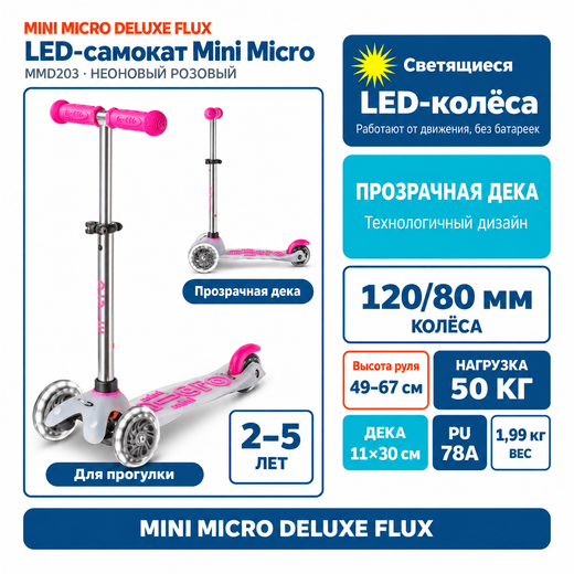 Самокат Mini Micro Deluxe Flux LED неоновый розовый