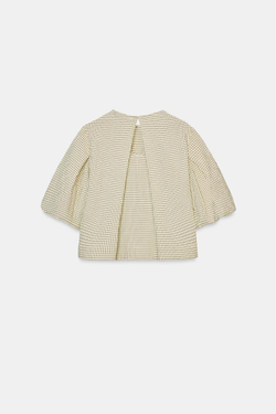 ZARA ТОП В КЛЕТКУ С ОБЪЕМНЫМИ РУКАВАМИ, ПЕСОЧНЫЙ/ЧЕРНЫЙ