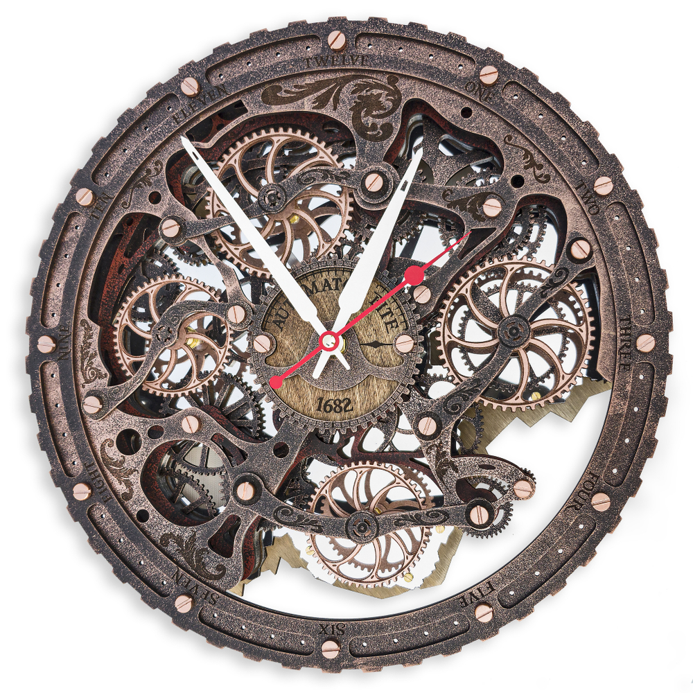 Часы Automaton Bite 1682 Винтажная Медь – стимпанк, 4 шестерёнки | Ручная работа, кинетический дизайн и гравировка