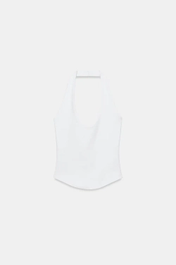 ZARA ТОП С ГОРЛОВИНОЙ ХАЛТЕР И ЗАКРУГЛЕННЫМ НИЗОМ, БЕЛЫЙ