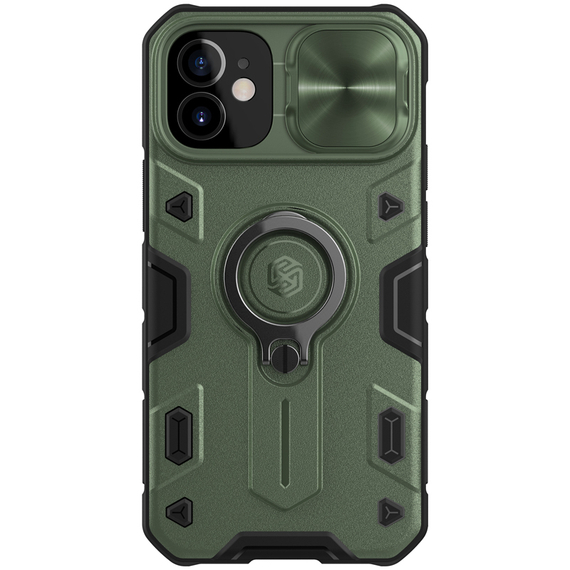 Чехол противоударный от Nillkin зеленого цвета (Dark Green) для iPhone 12 mini, серия CamShield Armor Case, с кольцом и металлической защитной шторкой для камеры