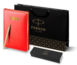 Подарочный набор Parker: Ежедневник красного цвета с золотом и шариковая ручка Parker Jotter XL YellowGold, цвет стержня синий