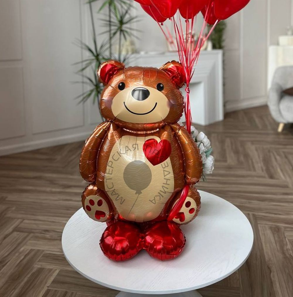 Шар-фигура, фольга, ПОД ВОЗДУХ "Мишка с сердцем", на подставке (Falali), 43"/109 см, инд. уп.  Изображение2
