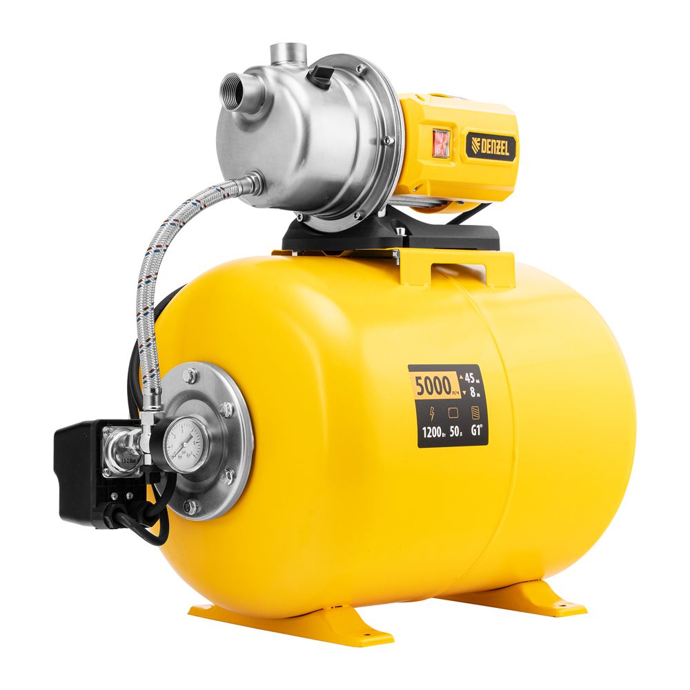 Насосная станция WPS1200-50S, 1200 Вт, напор 45 м, 5000 л/ч, ресивер 50 л, нержавейка Denzel