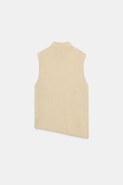 ZARA АСИММЕТРИЧНЫЙ ТРИКОТАЖНЫЙ ЖИЛЕТ, ВАНИЛЬНЫЙ