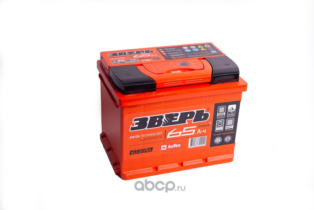 Аккумулятор ЗВЕРЬ 65А/ч 640А 12V Обратная полярн. стандартные клеммы 242*175*190