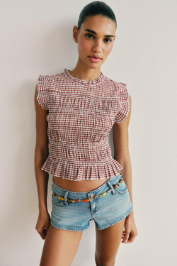 ZARA ТОП В КЛЕТКУ ВИШИ С ЭФФЕКТОМ ЖАТКИ, ЭКРЮ/ГРАНАТОВЫЙ