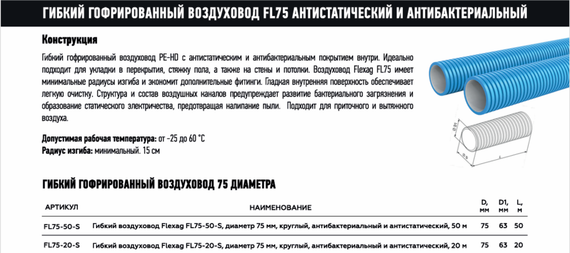 Гибкий воздуxовод Flexag FL75-50-S, диаметр 75 мм, круглый, антибактериальный и антистатический, 50 м