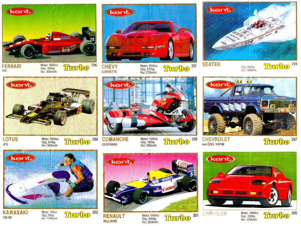 Вкладыши от жвачки Turbo Yellow - Турбо желтые 59 штук без повторов. Серия 261 - 330.