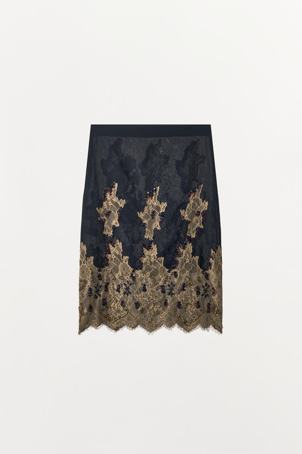 ZARA ЮБКА МИДИ С БИСЕРОМ И КРУЖЕВОМ LIMITED EDITION, МОРСКОЙ СИНИЙ