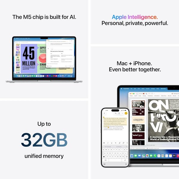 Ноутбук Apple MacBook Air 13 2026 MDH94LL/A (M5 10-Core, GPU 10-Core, 24 ГБ, 1 ТБ), серебристый