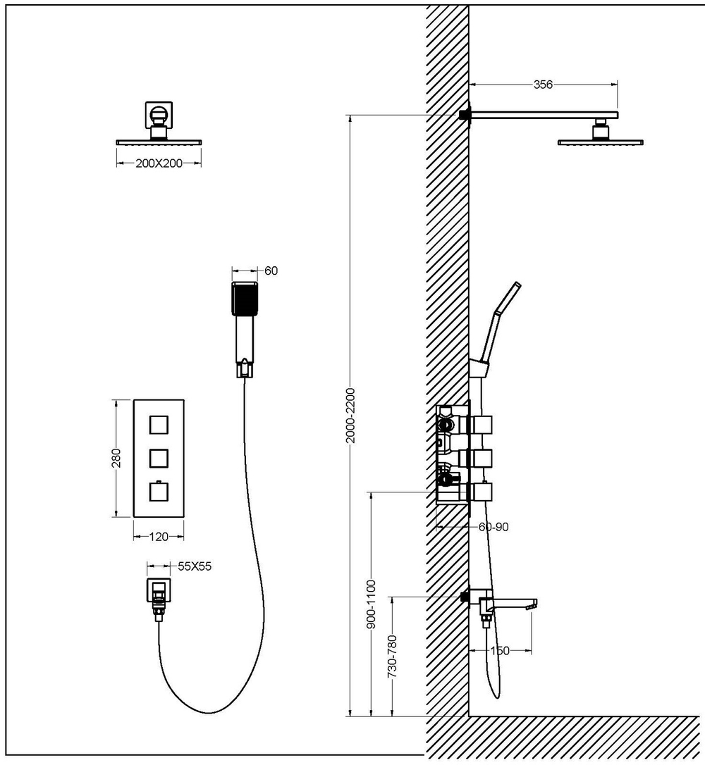 Timo SX-0199/03SM Tetra-Thermo Набор для комплектации ванны, с термостатом, черный