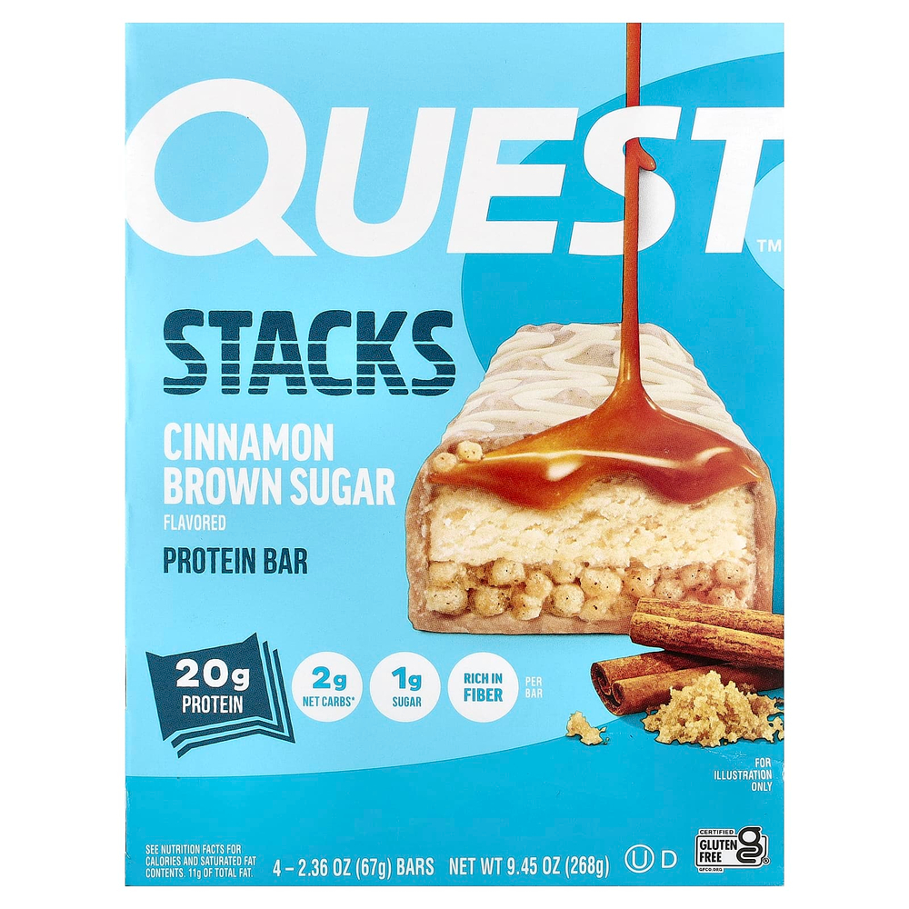 Quest Nutrition, Stacks, протеиновый батончик, корица и коричневый сахар, 4 батончика, 67 г (2,36 унции) каждый