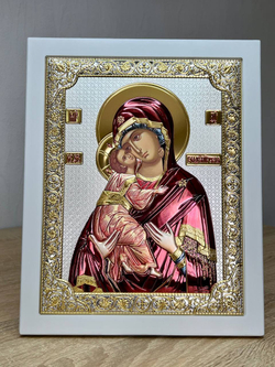 Владимирская БМ, икона прямоугольная с рамкой, белое дерево, эмаль 185х235