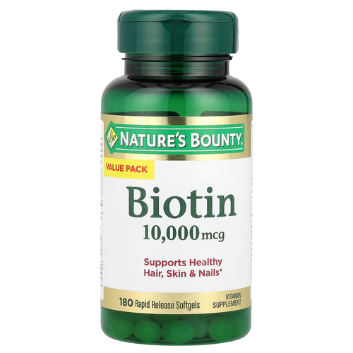 Nature's Bounty, Биотин, 10 000 мкг, 180 мягких таблеток с быстрым высвобождением