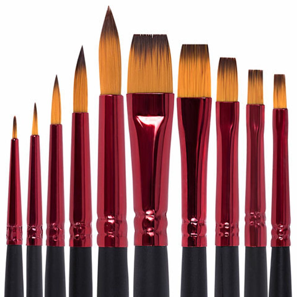 Кисти BRAUBERG PREMIUM, набор 10 шт. (синтетика, круглые № 1, 2, 3, 5, 8, плоские № 2, 4, 6, 8, 10), 201027