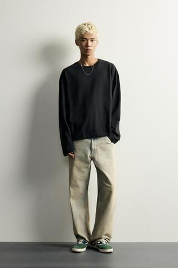 ZARA ФУТБОЛКА В ПОЛОСКУ ОВЕРСАЙЗ С ДЛИННЫМИ РУКАВАМИ, ЧЕРНЫЙ