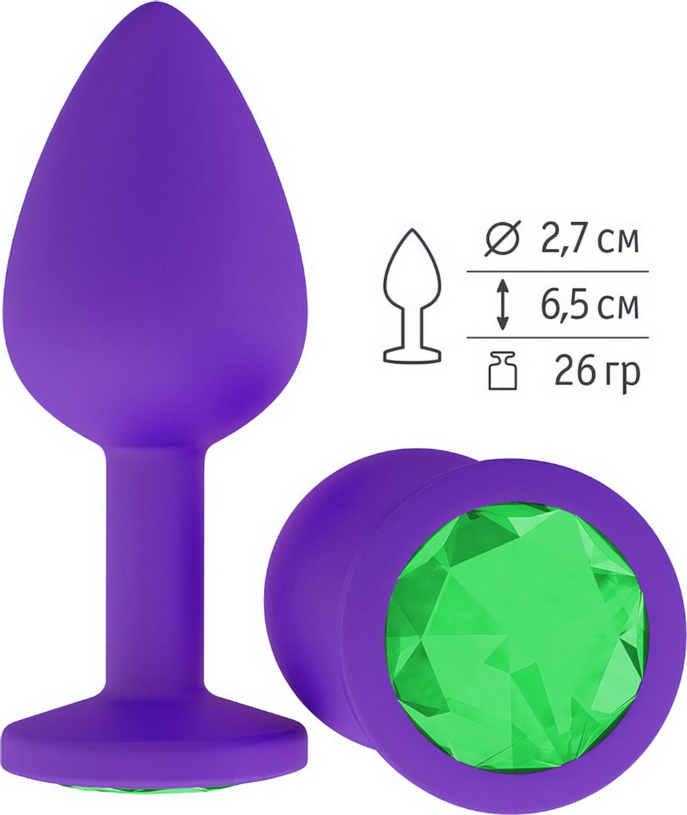 Маленькая фиолетовая пробка с зеленым кристаллом ONJOY Silicone Collection (Цвет: фиолетовый с зеленым)