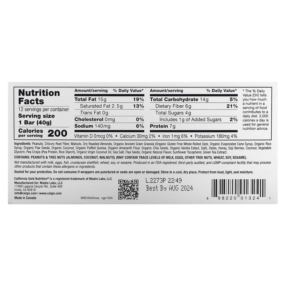 California Gold Nutrition, Foods, батончики-мюсли с клюквой и миндалём, 12 шт. по 40 г (1,4 унции)