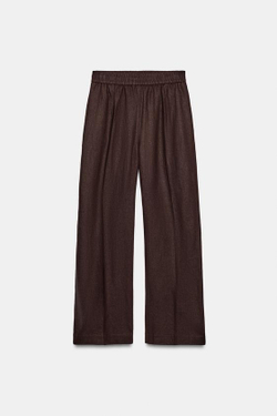 ZARA БРЮКИ ПРЯМОГО КРОЯ ИЗ СМЕСОВОГО ЛЬНА, ТЕМНО-КОРИЧНЕВЫЙ