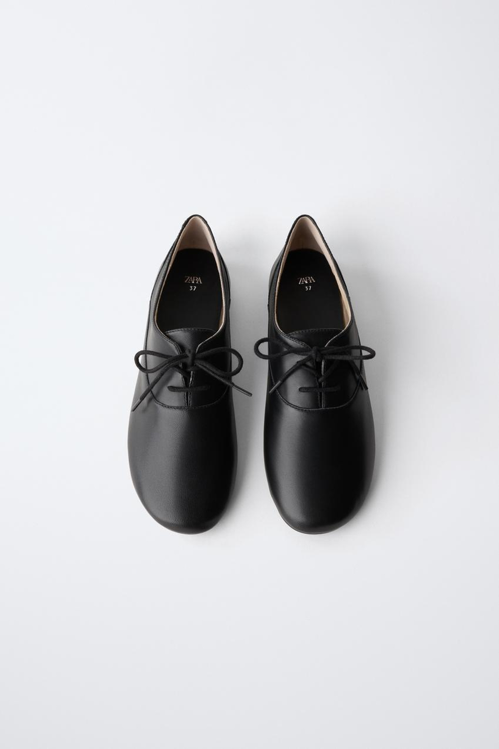 ZARA КОЖАНЫЕ ТУФЛИ-ДЕРБИ СО ШНУРОВКОЙ, ЧЕРНЫЙ