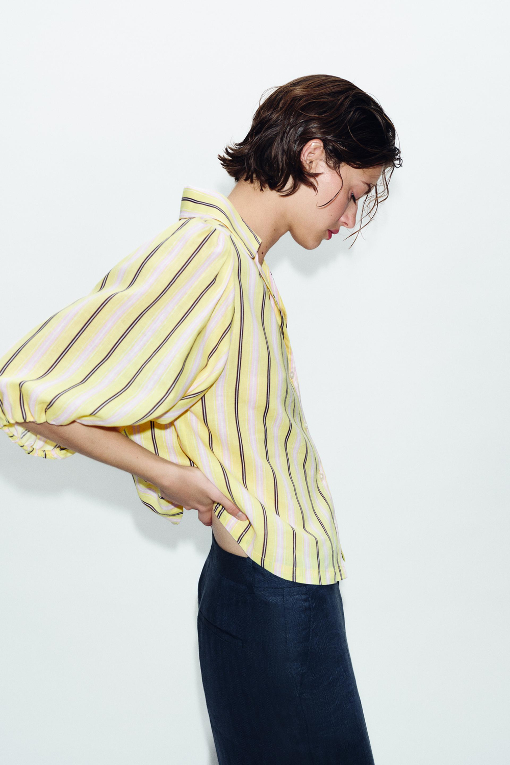 ZARA РУБАШКА ИЗ СМЕСОВОГО ЛЬНА С ОБЪЕМНЫМИ РУКАВАМИ, РАЗНОЦВЕТНЫЙ