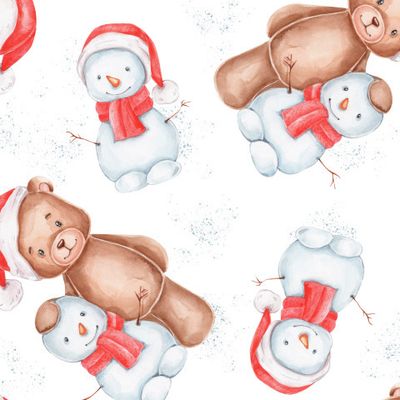 Снеговики и новогодний мишка (на белом фоне)