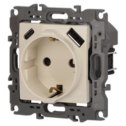 Розетка ЭРА Серия 12 12-4108-02 2P+E 16A-250В со шторками с USB type-A+C 5В-3А слоновая кость | Эра 12