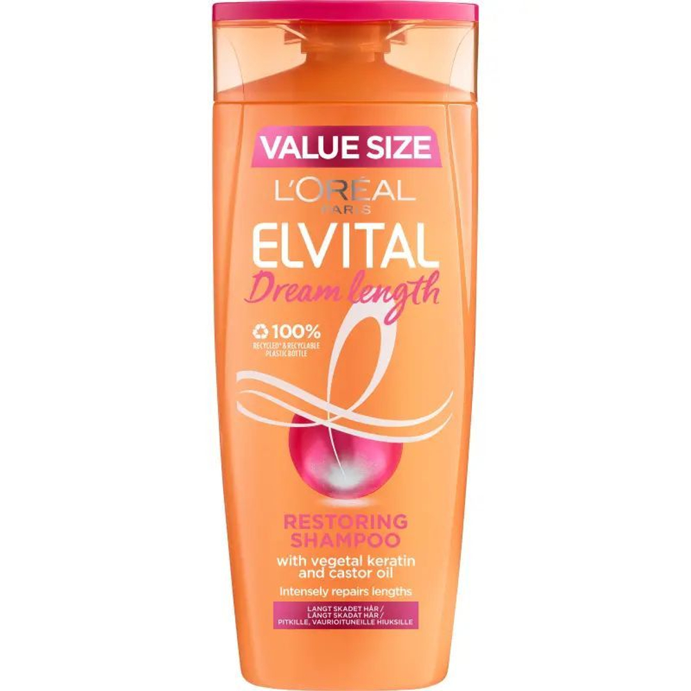 Шампунь L'Oral Elvital Dream Length Восстанавливающий для длинных, поврежденных волос с кератином и касторовым маслом 400 мл (Франция)