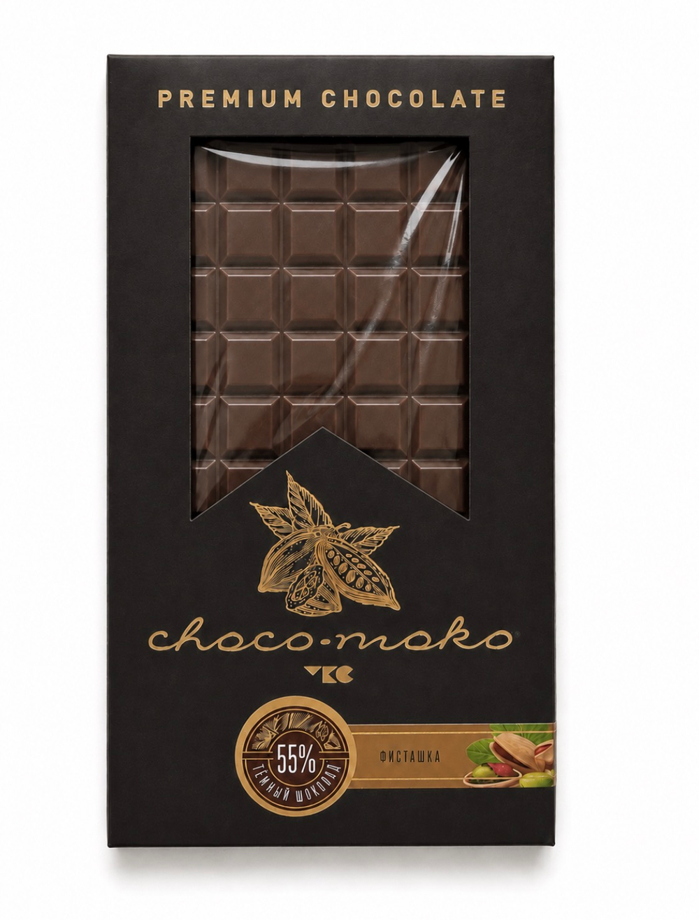 Шоколад темный с фисташковой начинкой «choko-moko», 55 % какао, 80 г