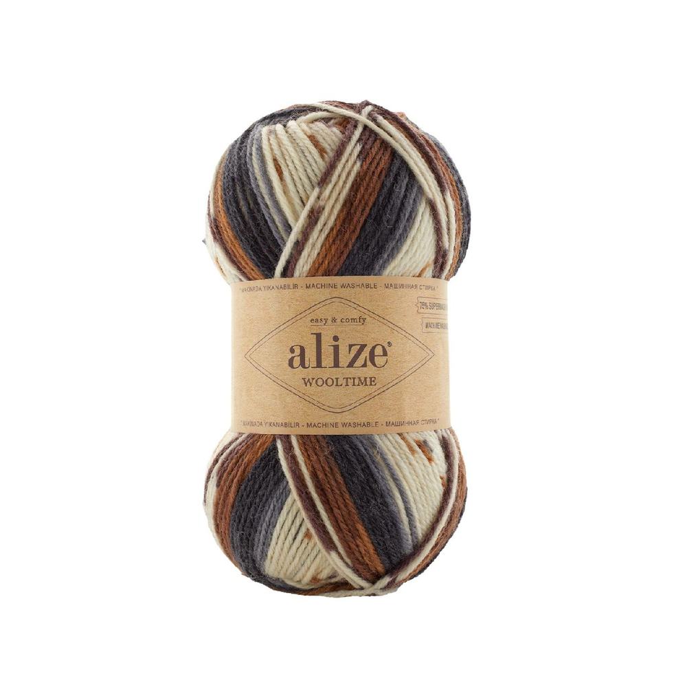 Вултайм (Wooltime) пряжа Alize 75%SWшерсть 25%полиамид 5х100г/200м (11024 кремовый-коричневый-серый-черный)