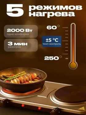 Плитка электрическая настольная 2 конфорки, 2000Вт