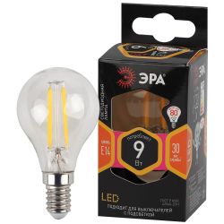 Лампа светодиодная ЭРА F-LED P45-9W-827-E14 9Вт филамент шар теплый белый свет Е14 | Филаментные декоративные