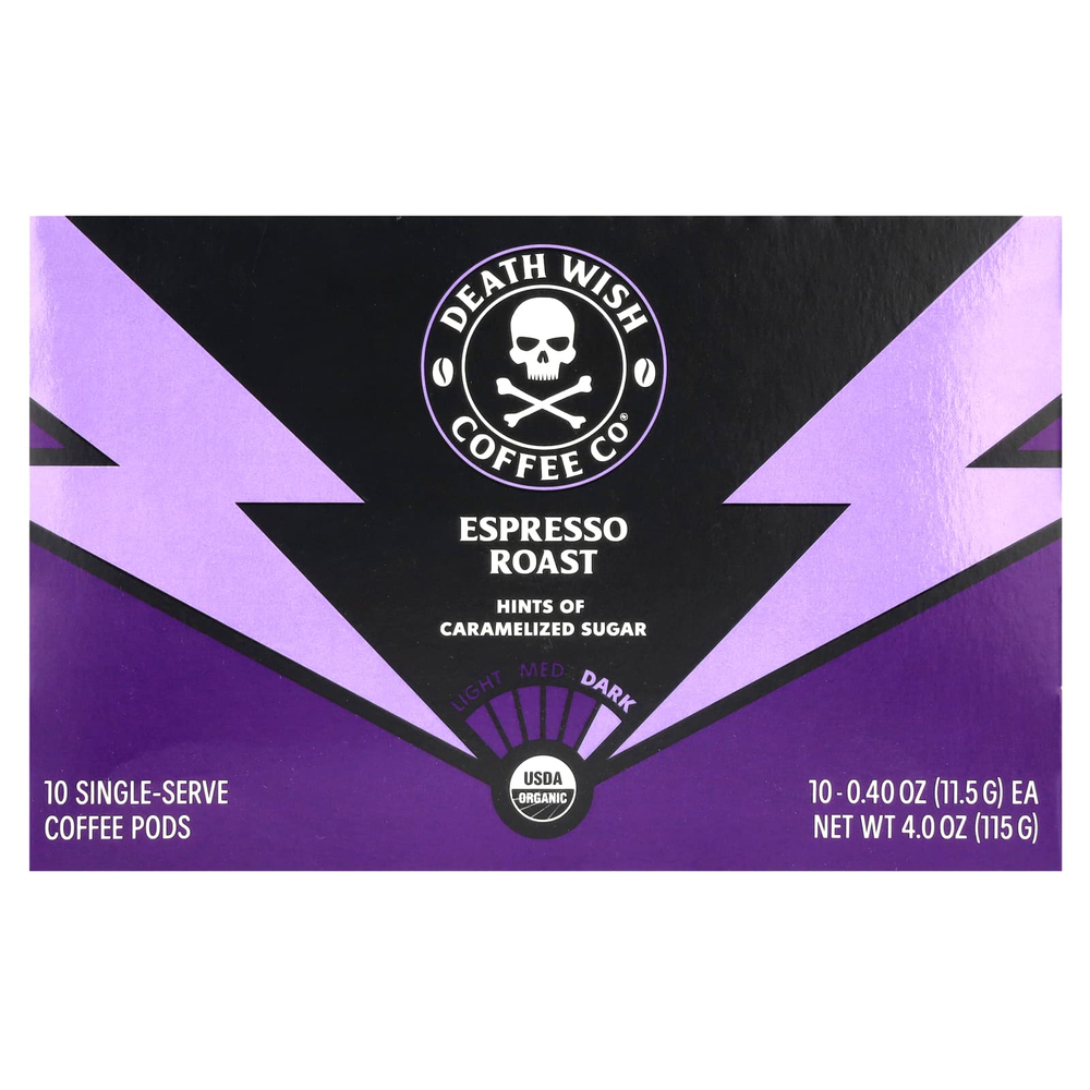 Death Wish Coffee, Порционные кофейные капсулы, обжарка эспрессо, темный, 10 капсул по 11,5 г (0,40 унции)