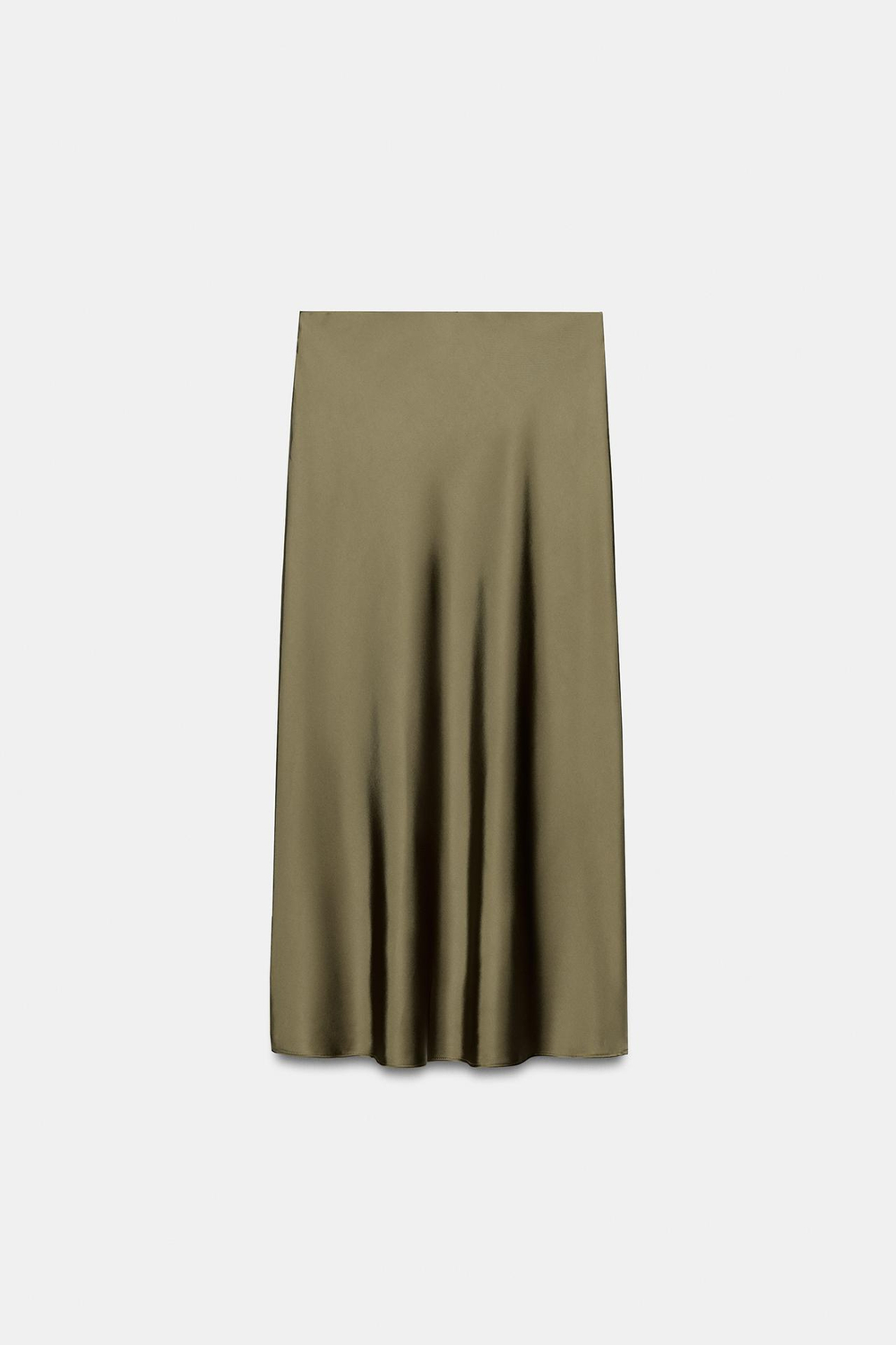 ZARA АТЛАСНАЯ ЮБКА МИДИ, ТЕМНЫЙ ХАКИ