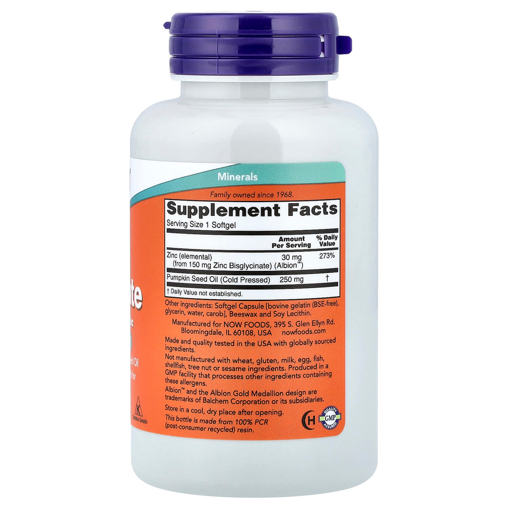 NOW Foods, глицинат цинка, 120 капсул