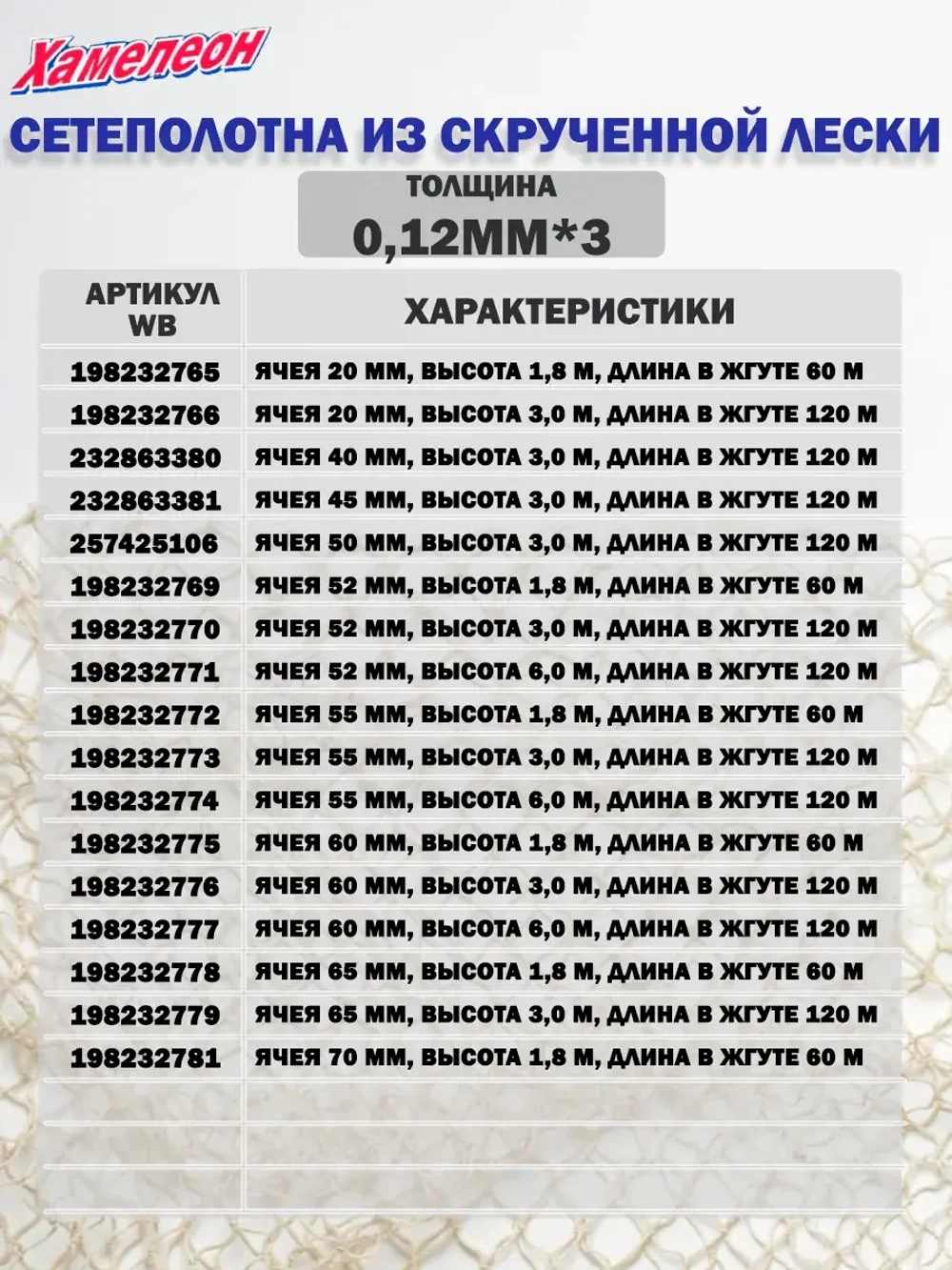 Сетеполотно скр.леска 0,20мм*3, яч. 90мм, высота 6,0м кукла